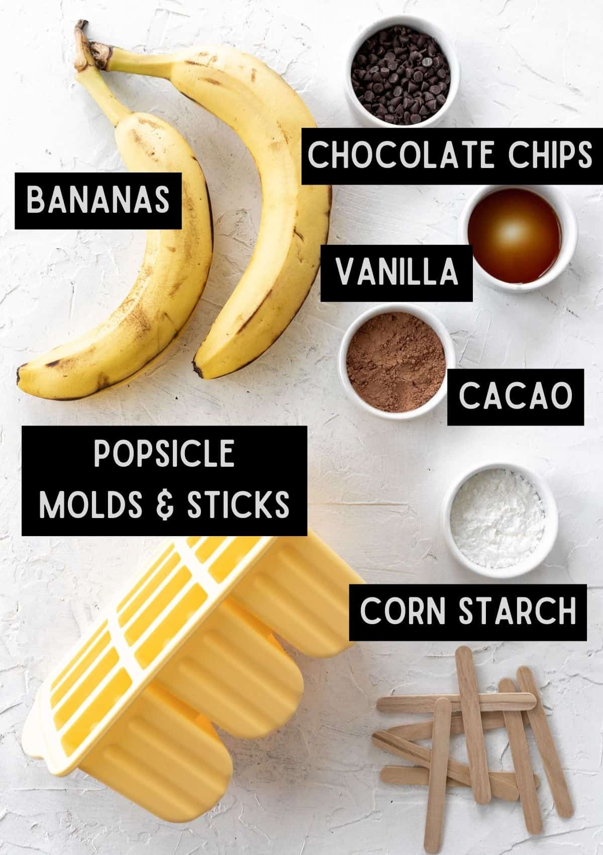 Labelled ingredients for chocolate popsicles (see recipe for details).