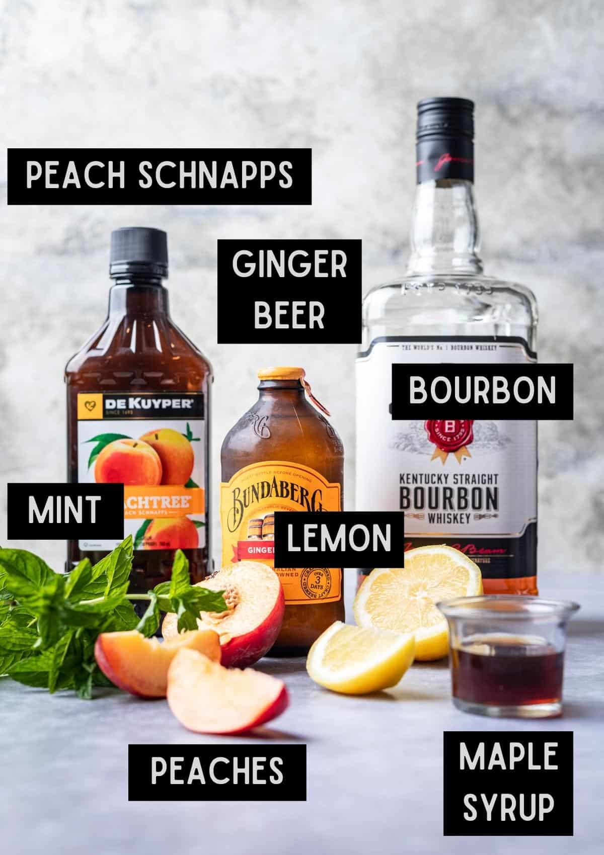 Labelled ingredients for bourbon peach lemonade (see recipe for details).