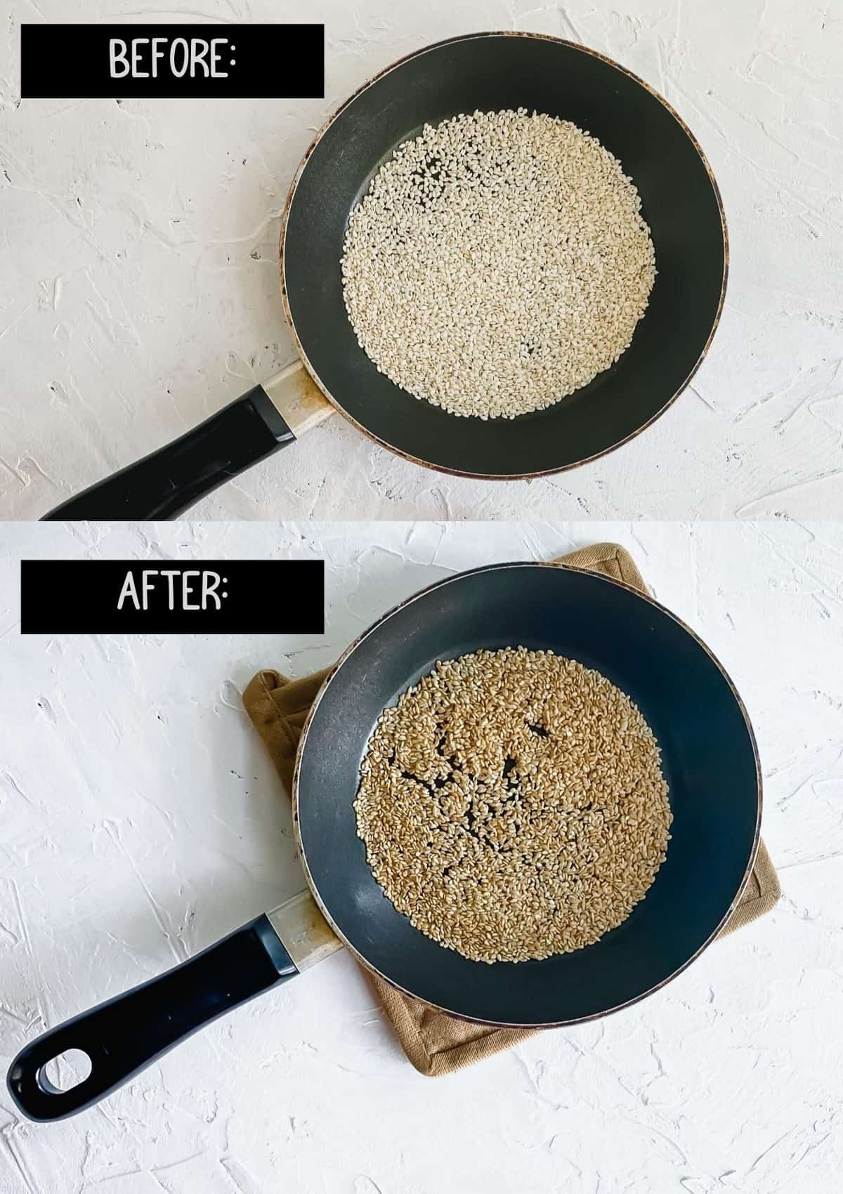 sesame seeds in a small skillet before and after toasting