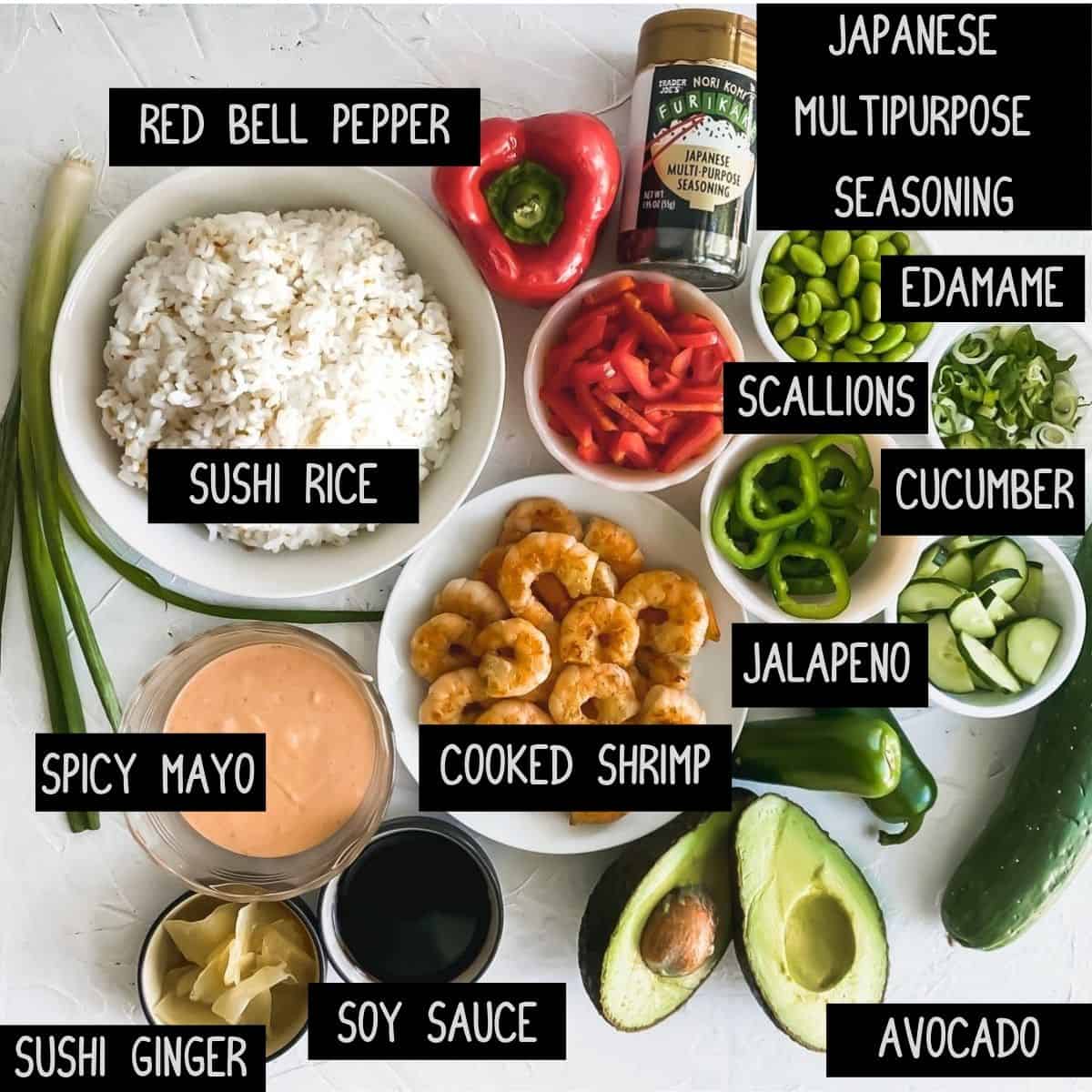 Ingredients for shrimp poke bowls