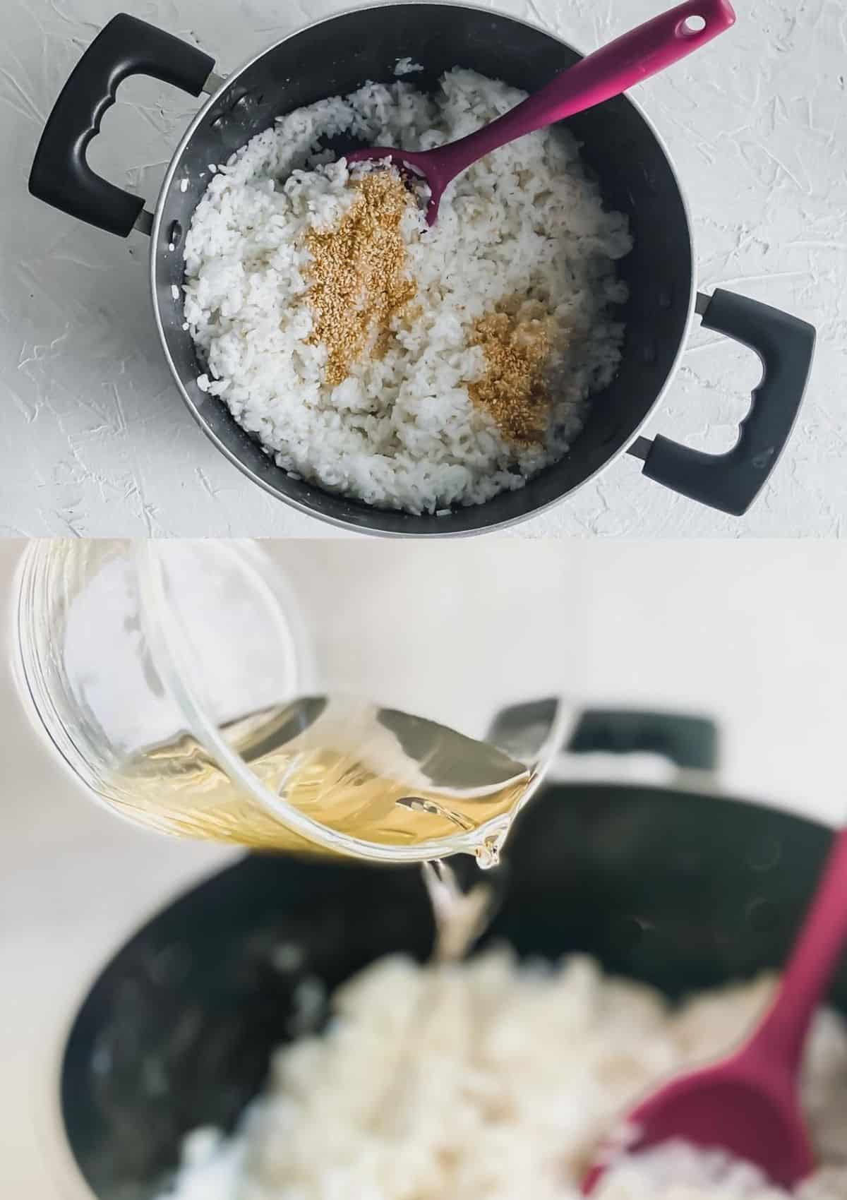 Sushi rice in a pot with added sesame seeds (top). Poured rice vinegar into rice (bottom)