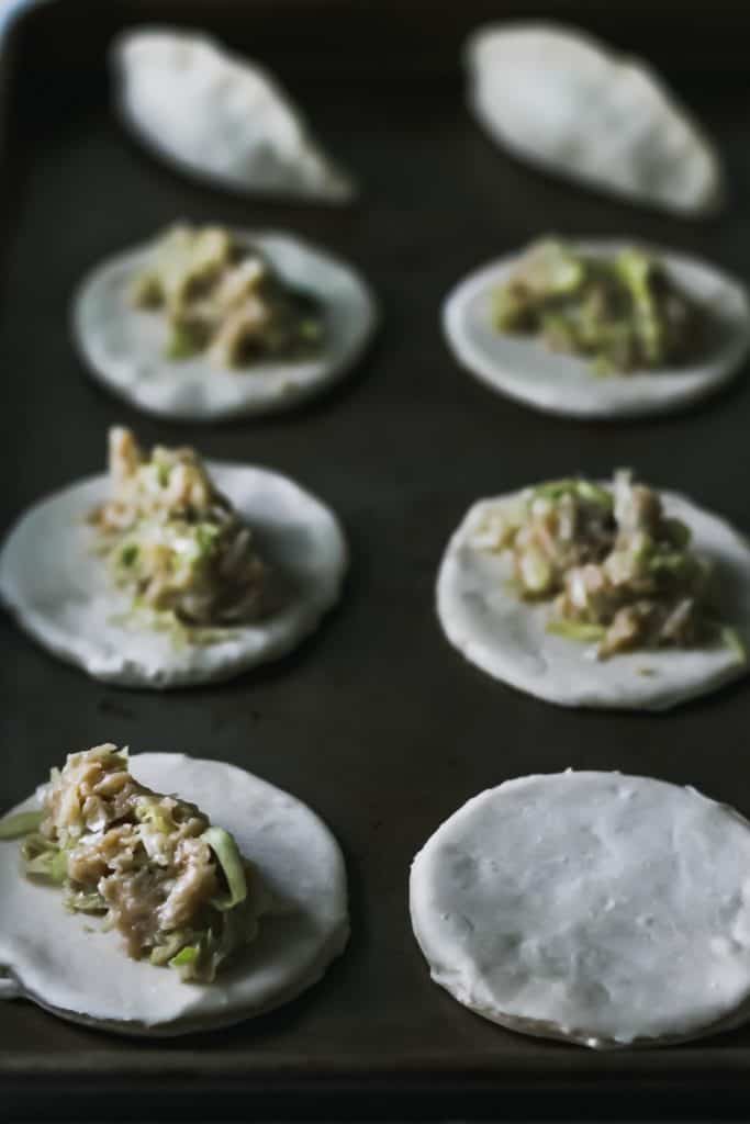 Raw dumpling dough rounds with chicken filling on top.