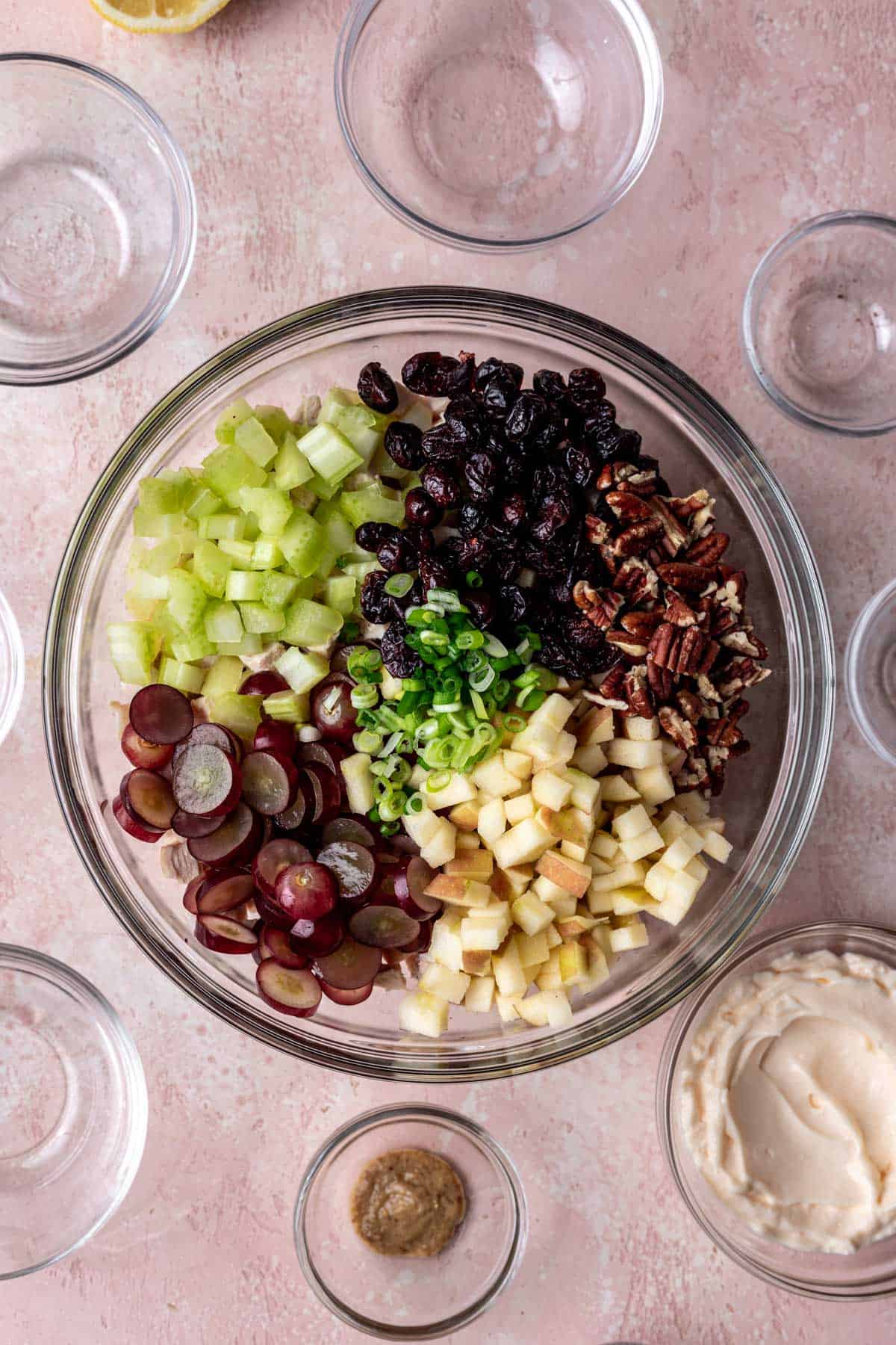 Chicken, celery, grapes, cranberries, pecans, and apples in a glass mixing bowl.