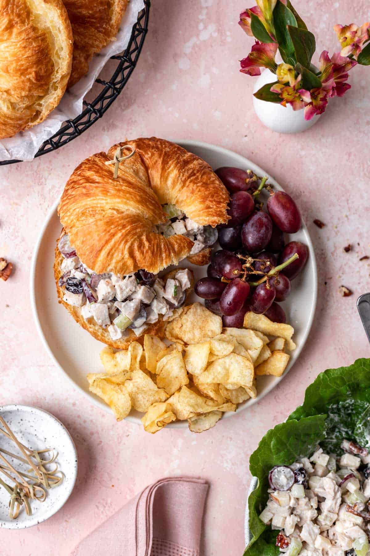 Cranberry pecan chicken salad on a croissant with a side of grapes and potato chips.