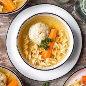 Instant pot matzo ball soup in a white bowl with a matzo ball, carrot, and egg noodles.