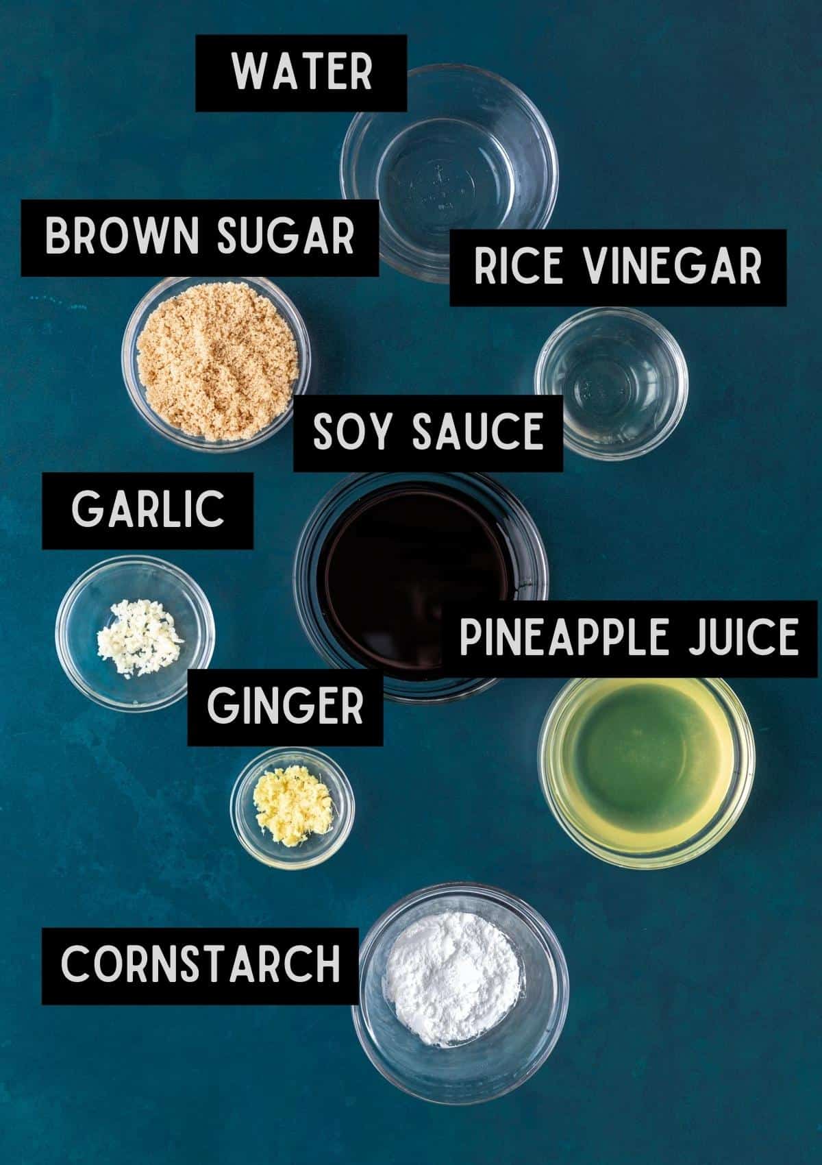 Labelled ingredients for homemade teriyaki sauce (see recipe for details).