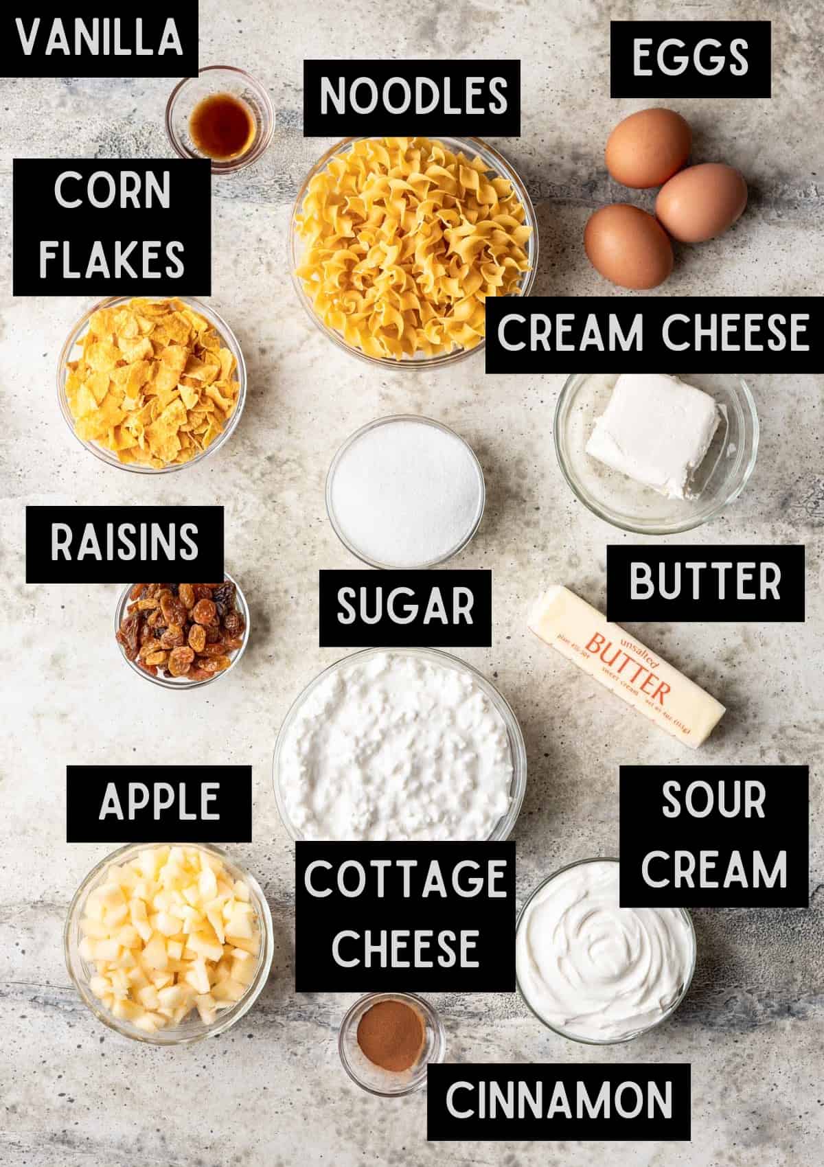 Labelled ingredients for cinnamon apple noodle kugel (see recipe for details.)