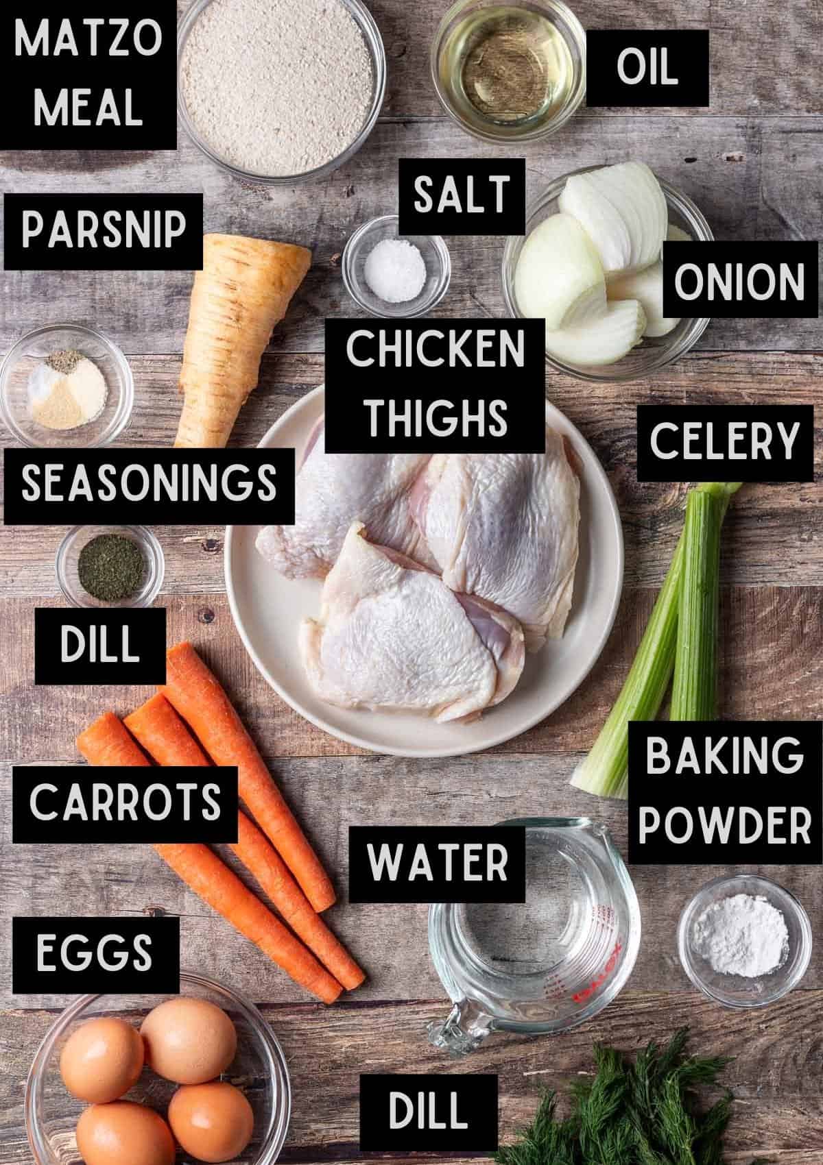 Labelled ingredients for instant pot matzo ball soup (see recipe for details).