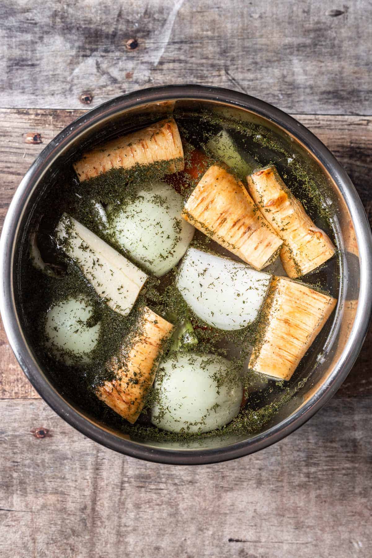 Matzo ball soup broth ingredients added to the instant pot.