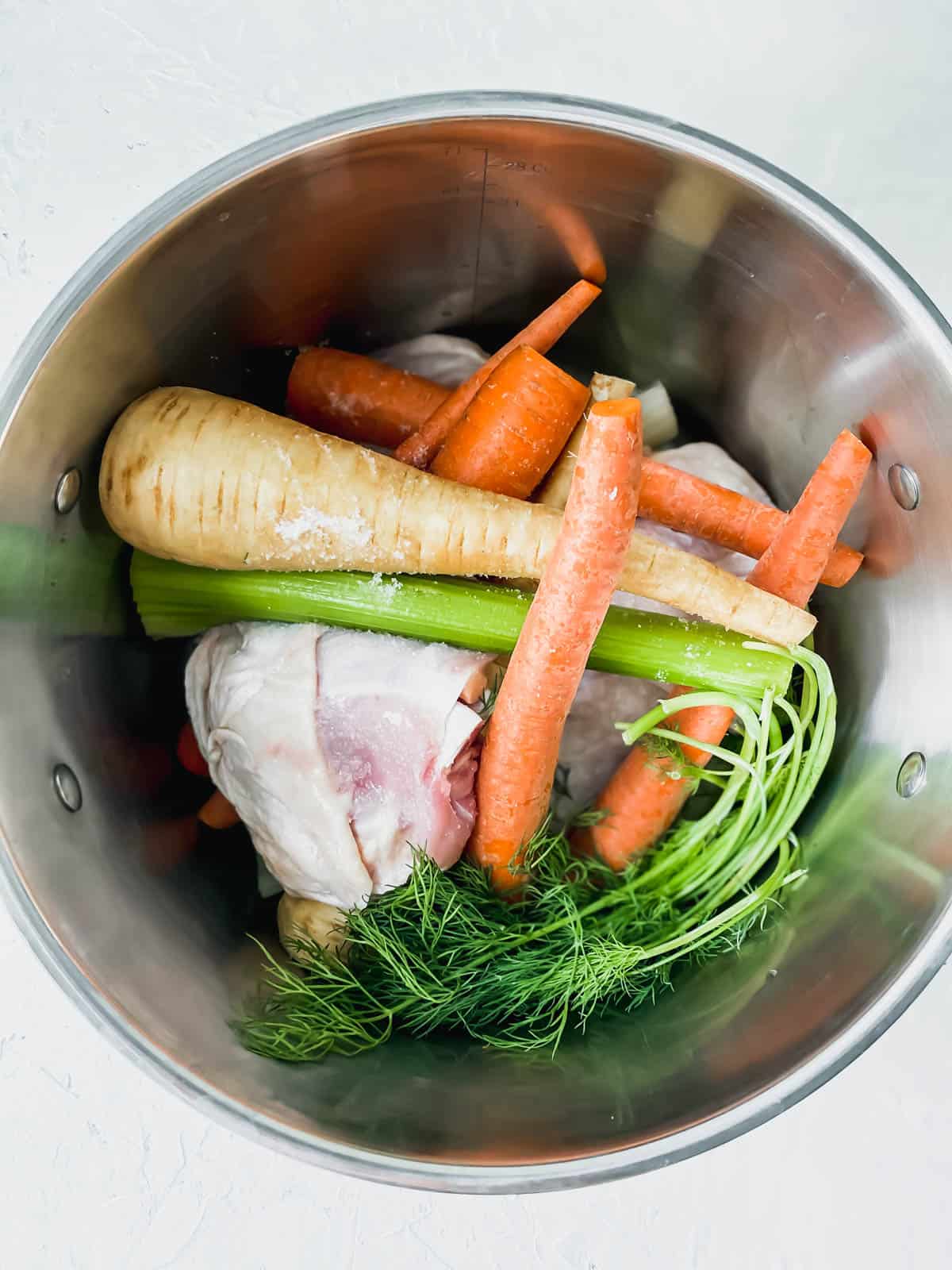 Chicken thighs, carrots, celery, onion, dill, and parsnips in a metal pot