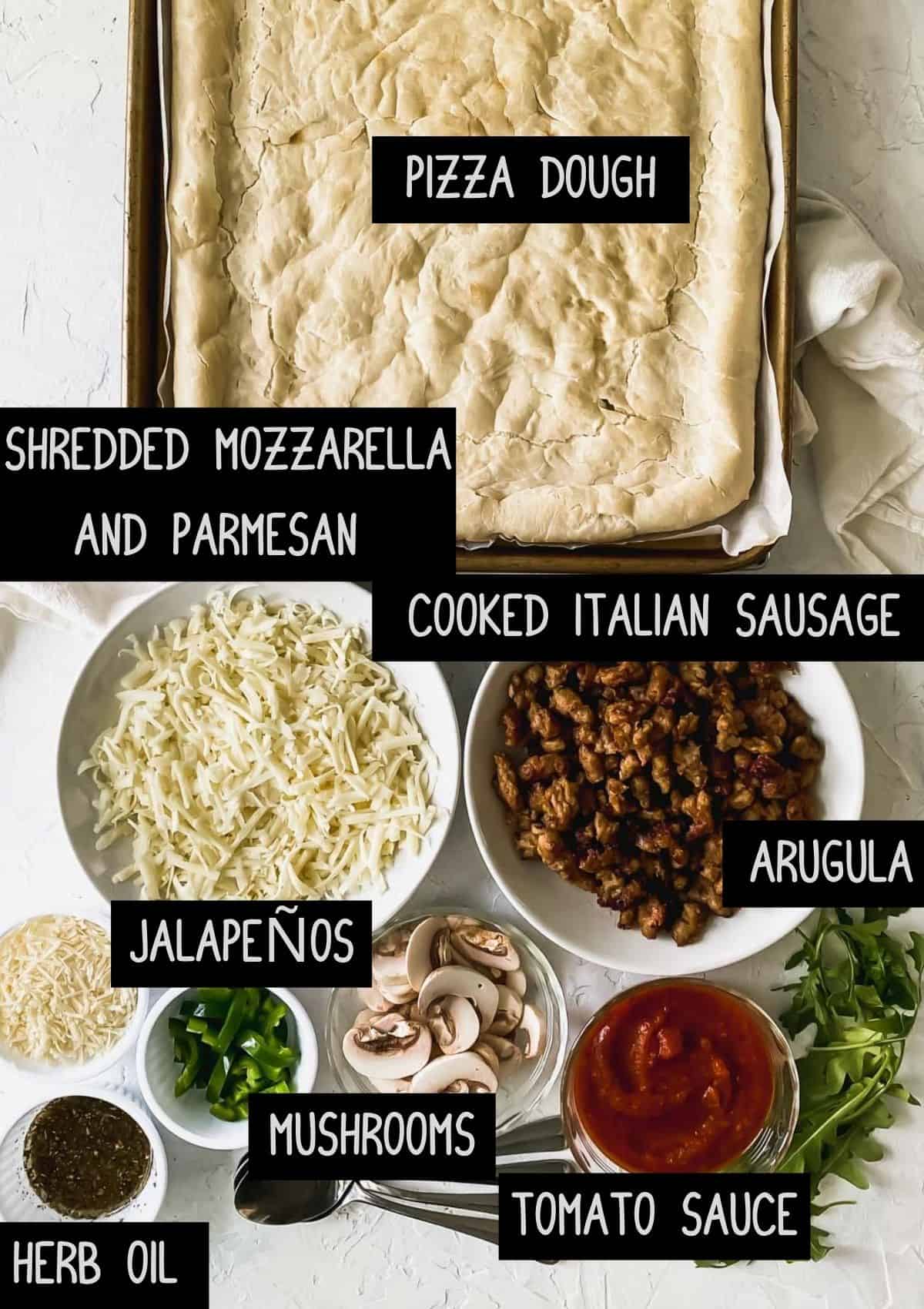 ingredients for mushroom, sausage, and arugula pizza
