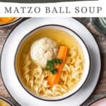 Pin graphic for instant pot matzo ball soup.