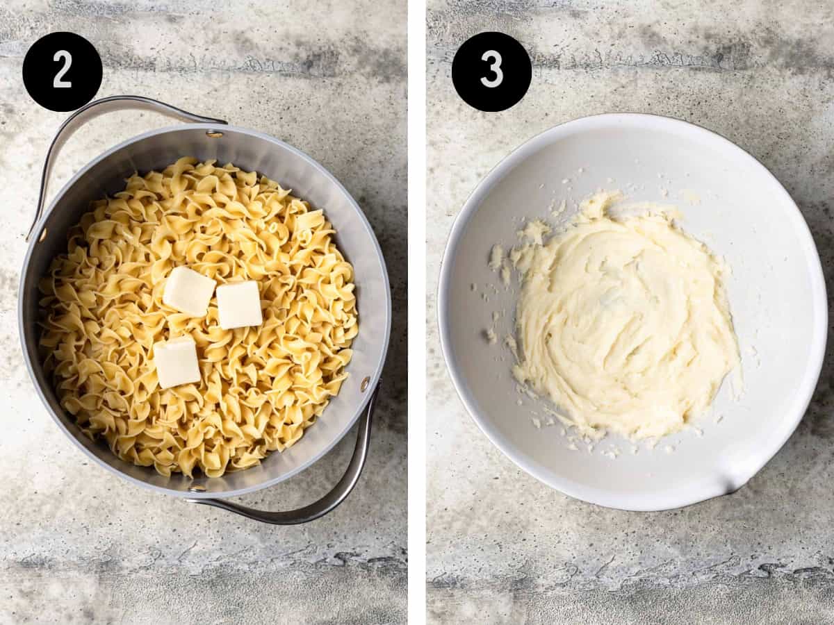 Drained noodles in a pot topped with butter. Sugar, butter, and cream cheese beaten in a bowl.