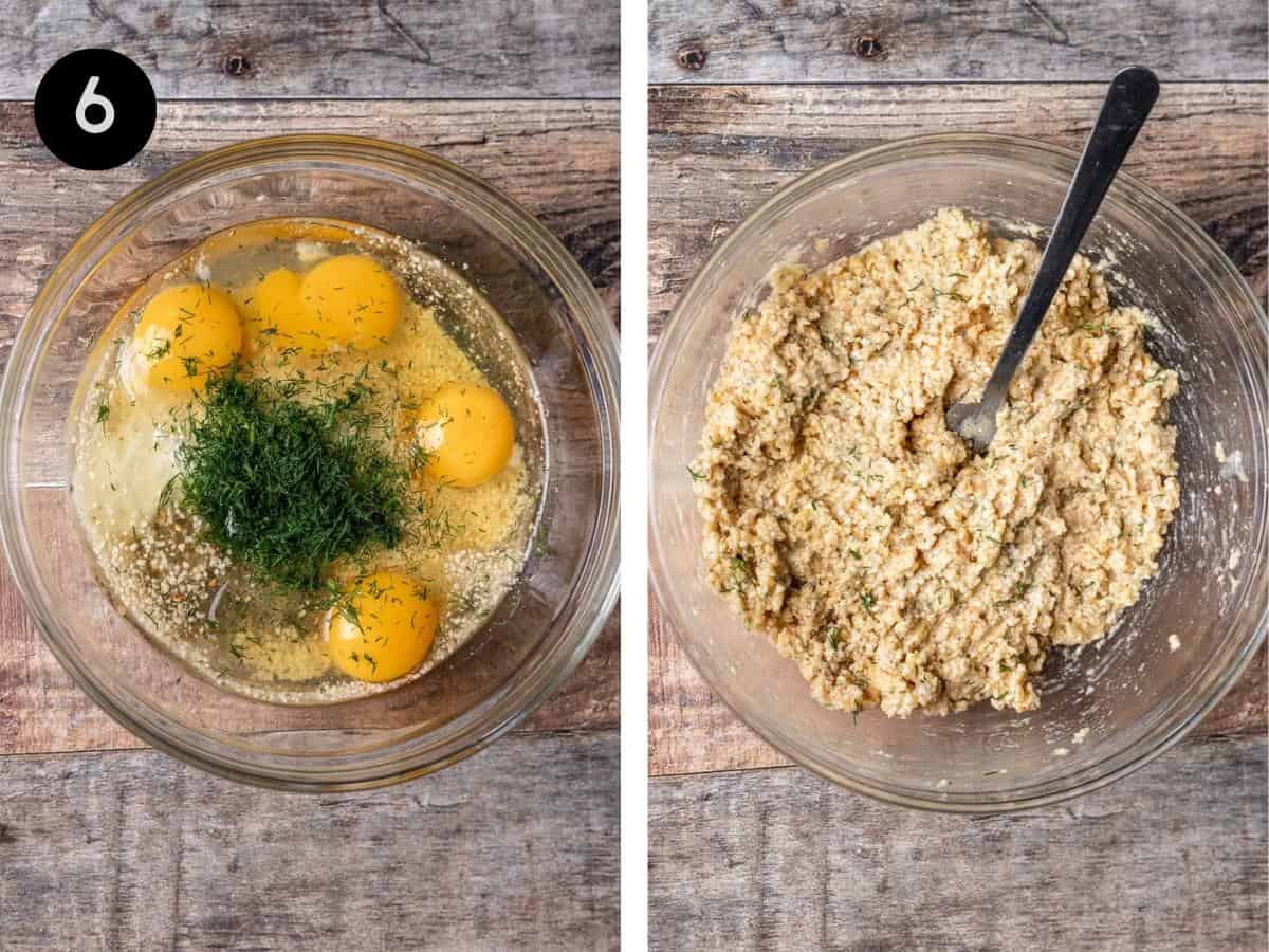 Matzo meal mixed with the rest of the matzo ball ingredients in a mixing bowl.