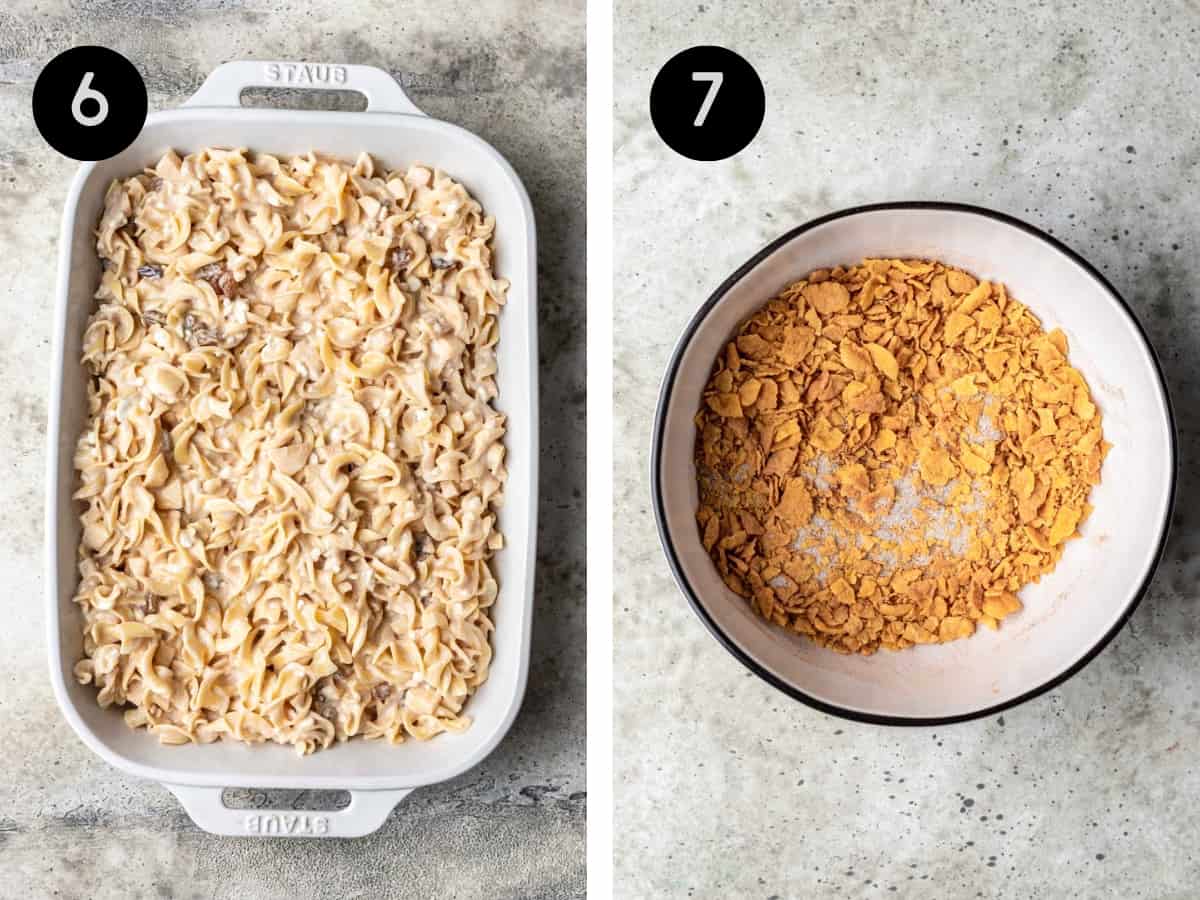 Uncooked kugel in a baking dish. Crush cornflakes, cinnamon, and sugar in a mixing bowl.