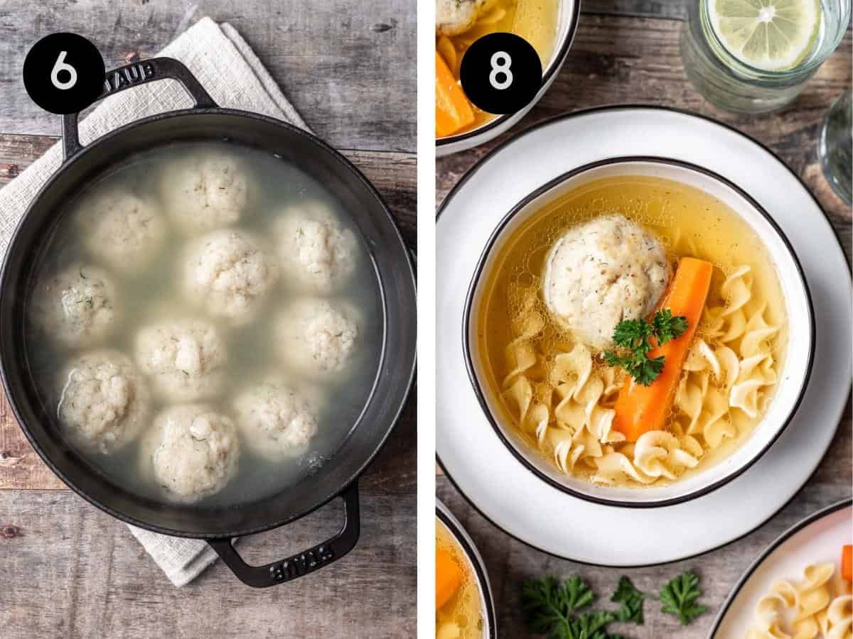 Matzo balls boiling in a pot then added to matzo ball soup in a bowl.