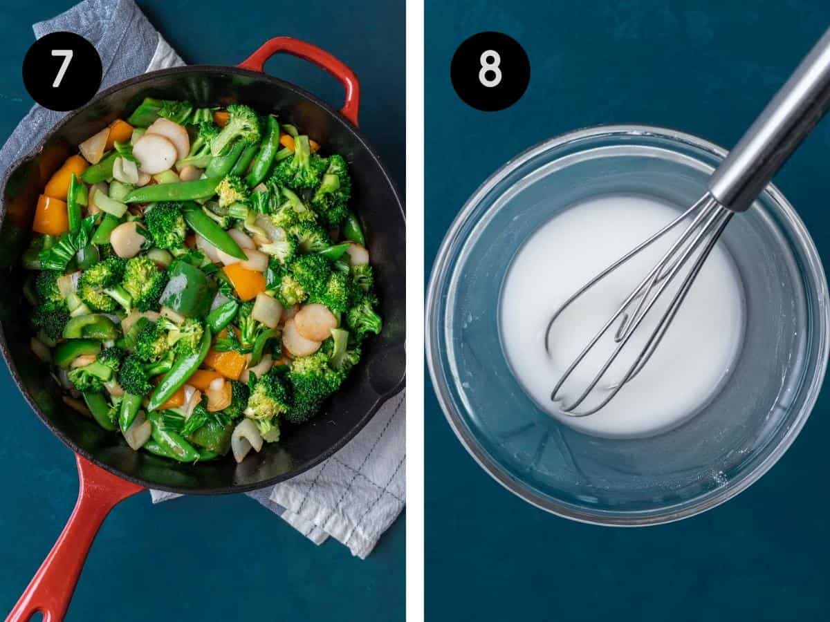 Stir fried vegetables in a skillet and whisked water and cornstarch in a bowl.