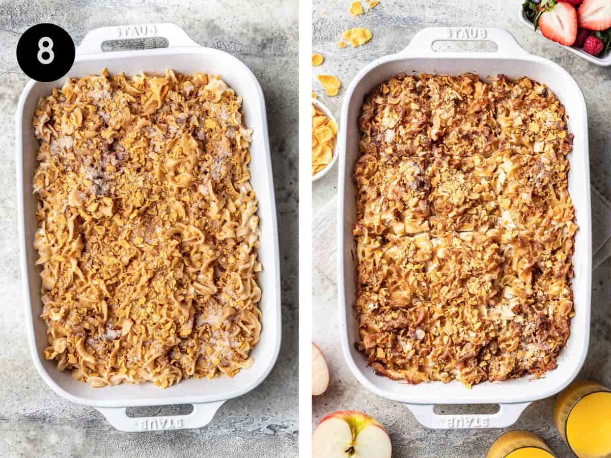 Cinnamon apple noodle kugel before and after baking.