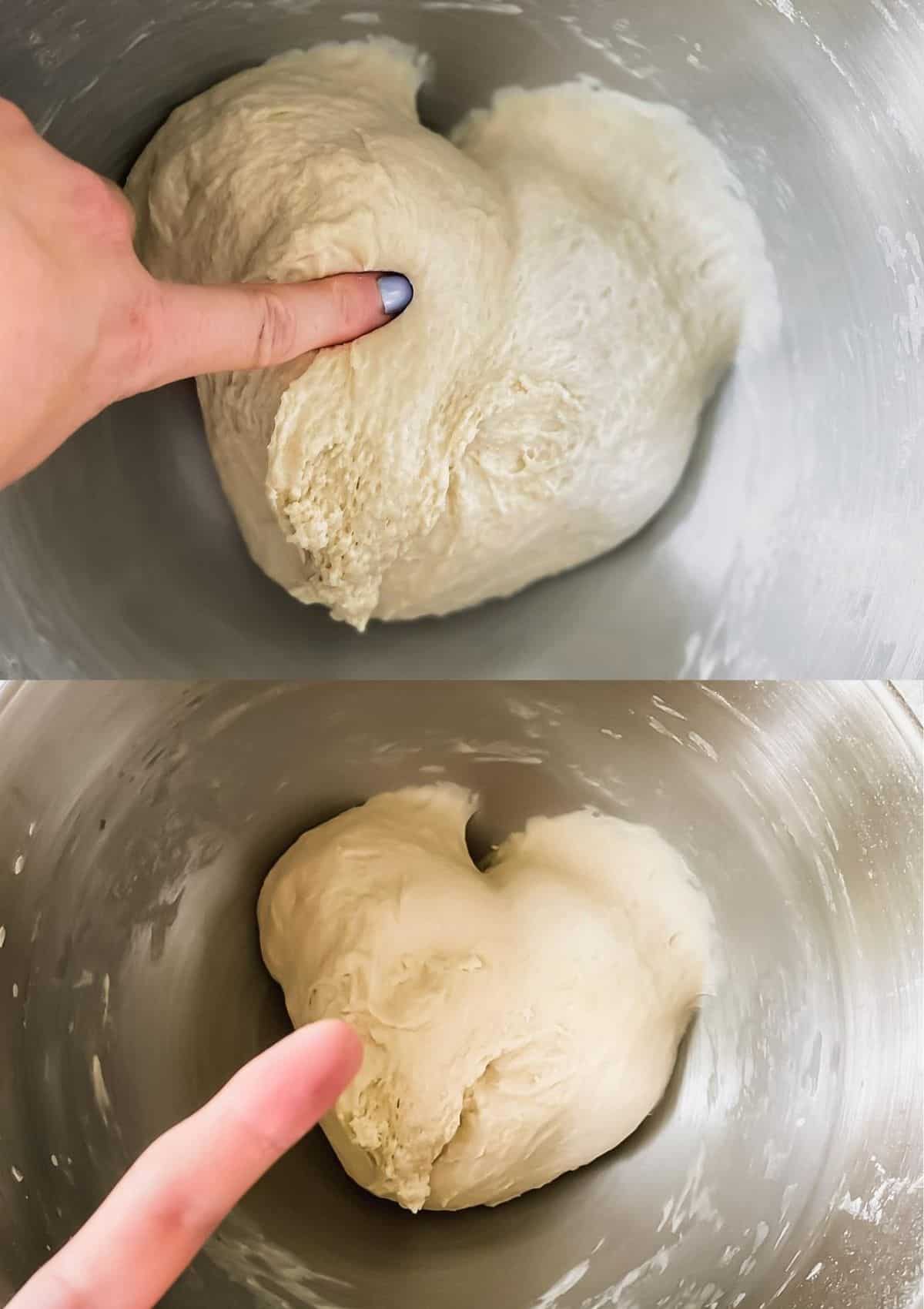 sticking a finger in pizza dough to make sure the dough doesn't stick