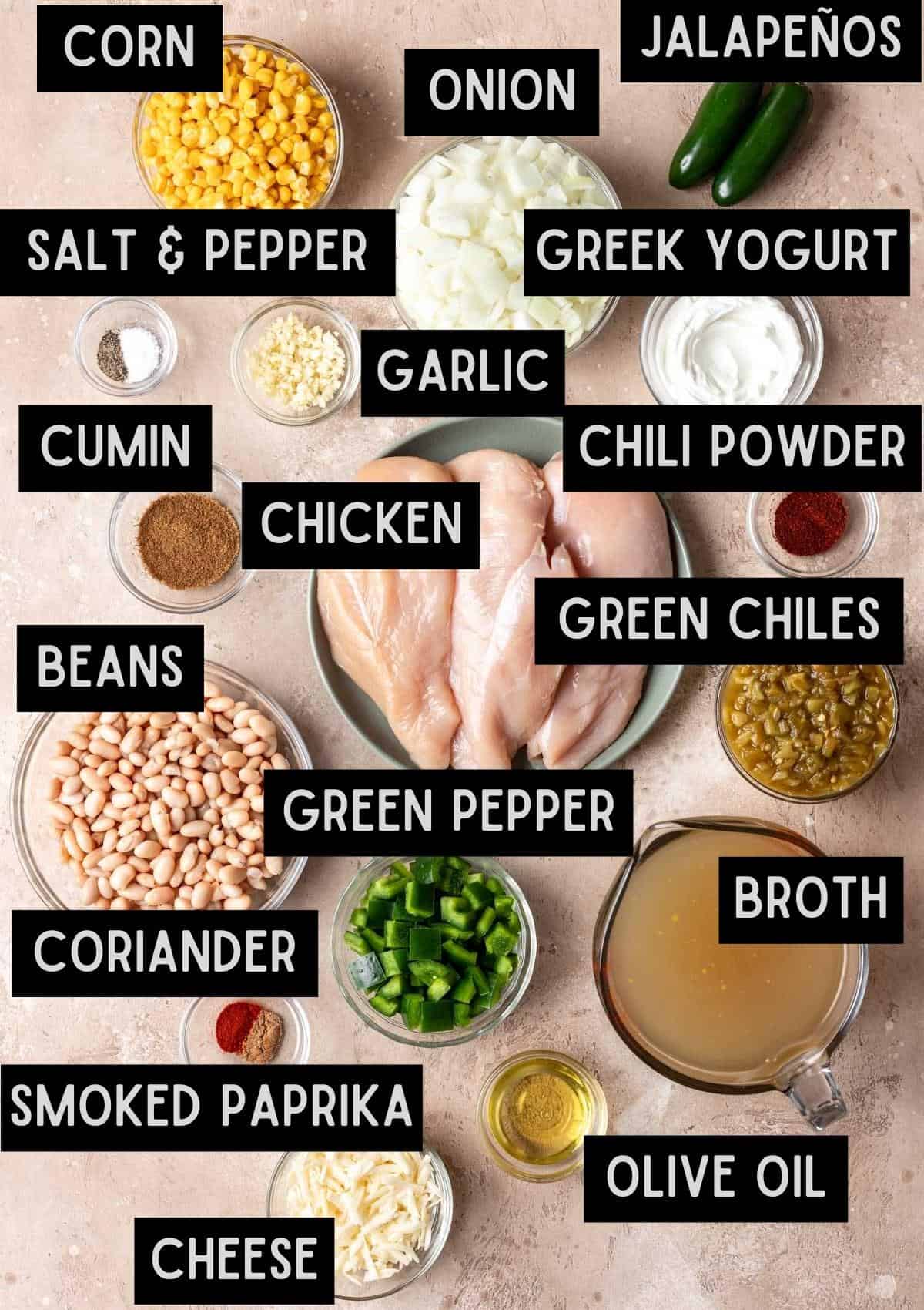 Labelled ingredients for chicken chili without tomatoes (see recipe for details).