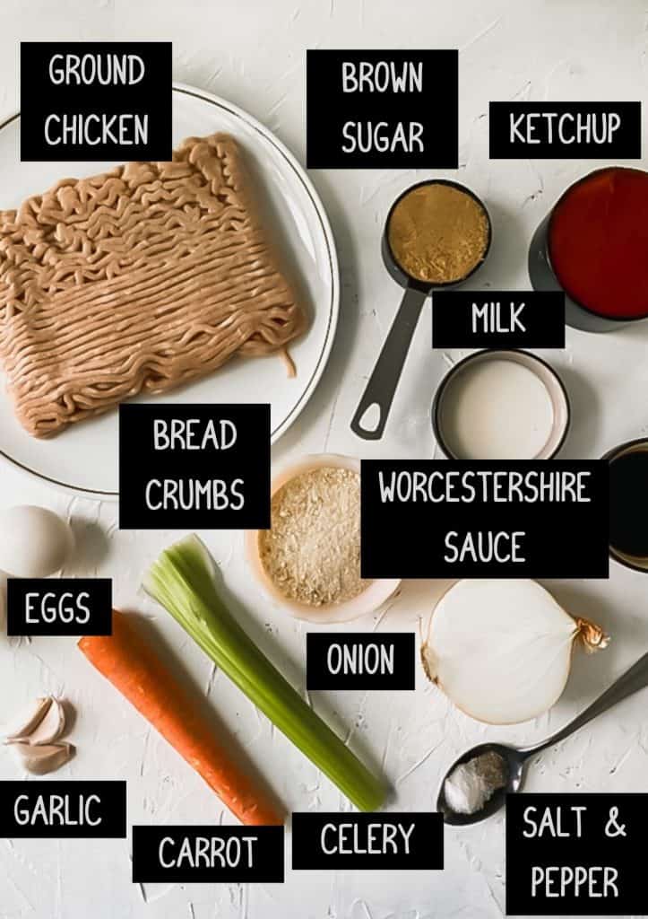 Labelled ingredients for healthy chicken meatloaf with hidden veggies (see recipe for details).