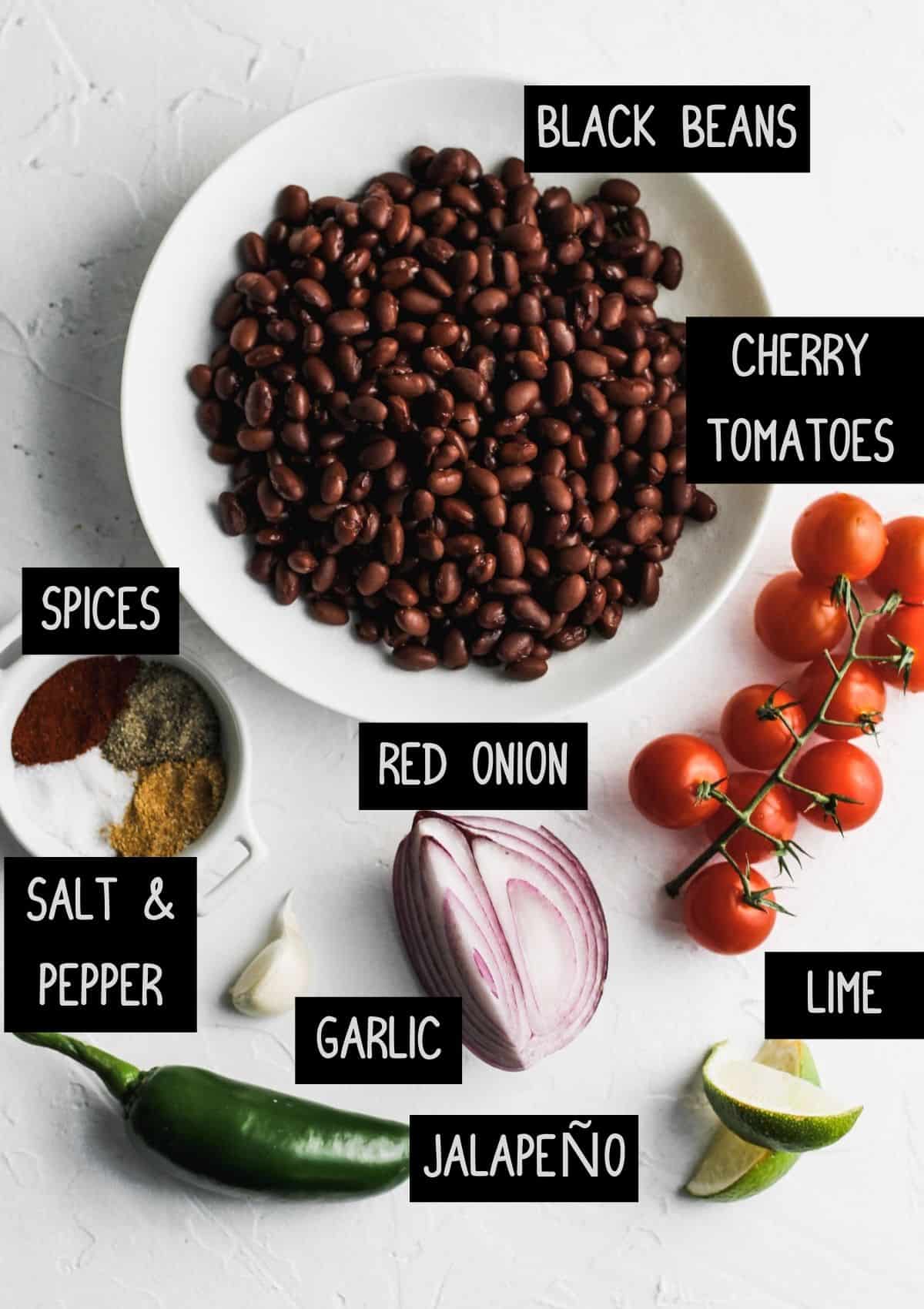 Labelled warm black bean dip ingredients (see recipe for details).