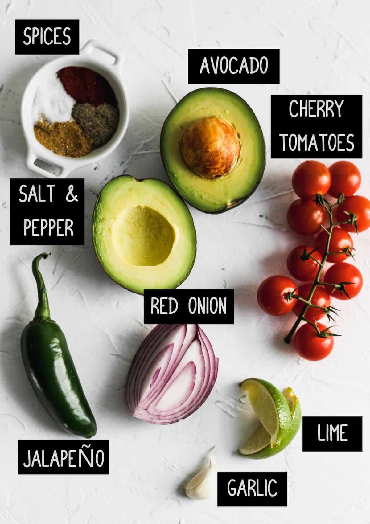 Labelled guacamole ingredients (see recipe for details).