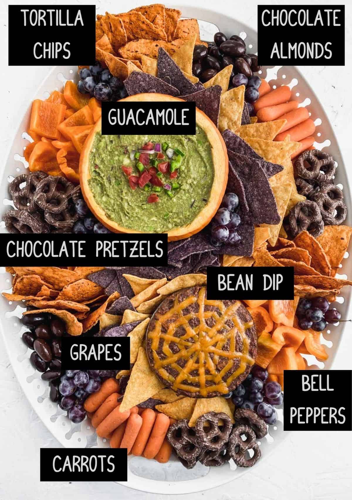Labelled snack board ingredients (see recipe for details).