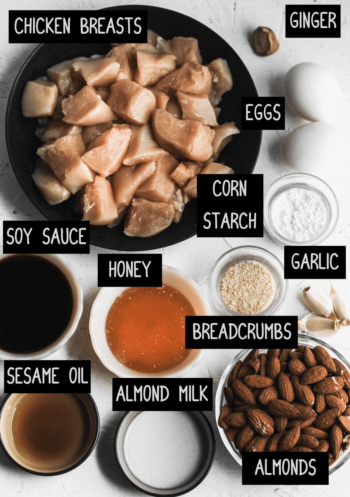 Labelled ingredients for air fryer almond chicken (see recipe for details).