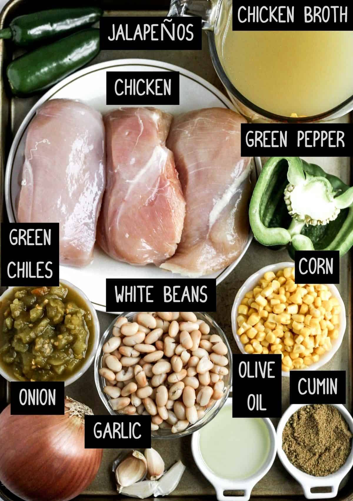 Labelled ingredients for healthy chicken chili (see recipe for details.)