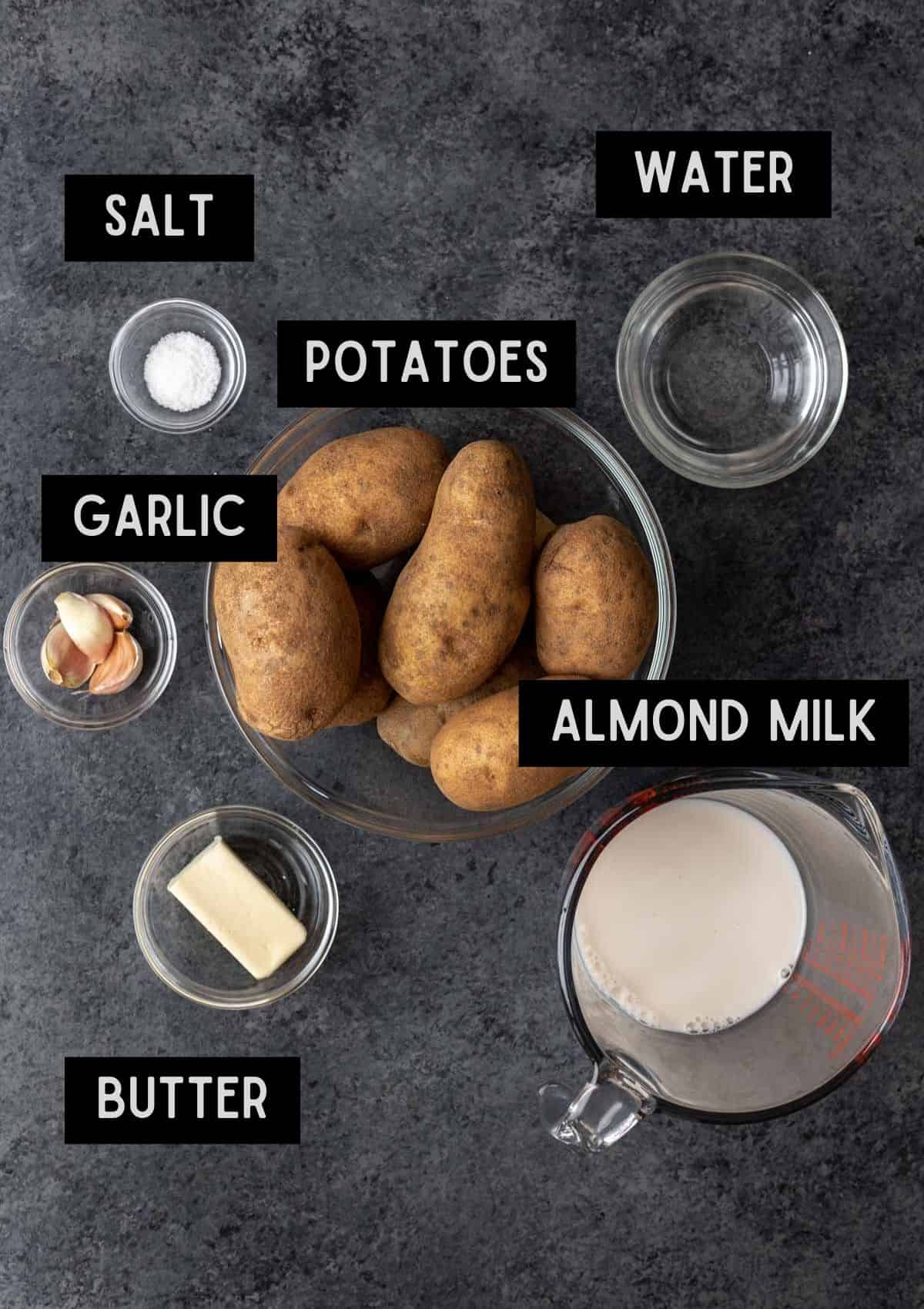 Labelled ingredients for mashed potatoes without milk (see recipe for details).