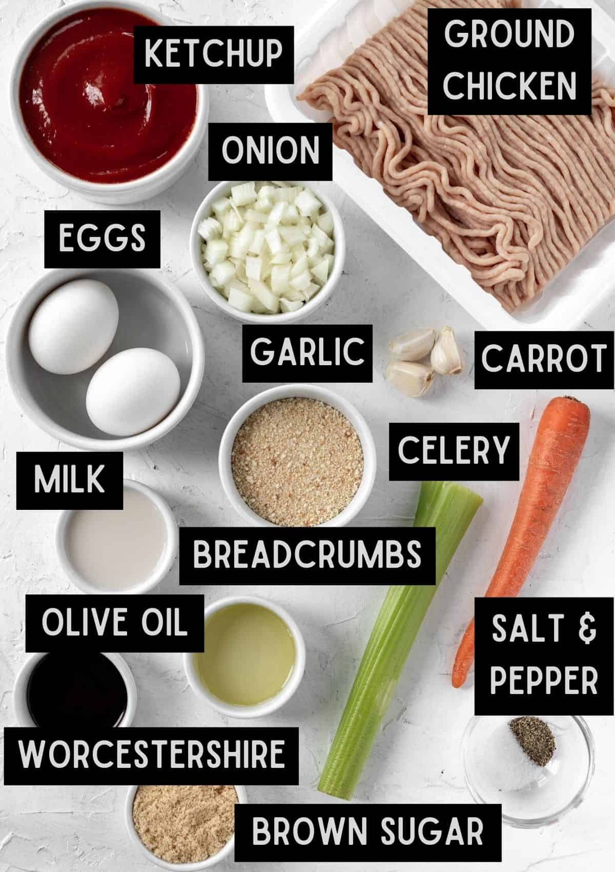 Labelled ingredients for ground chicken meatloaf (see recipe for details).