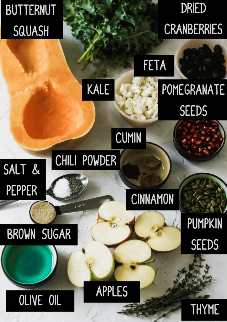 Labelled ingredients for roasted butternut squash with apples and kale (see recipe for details).