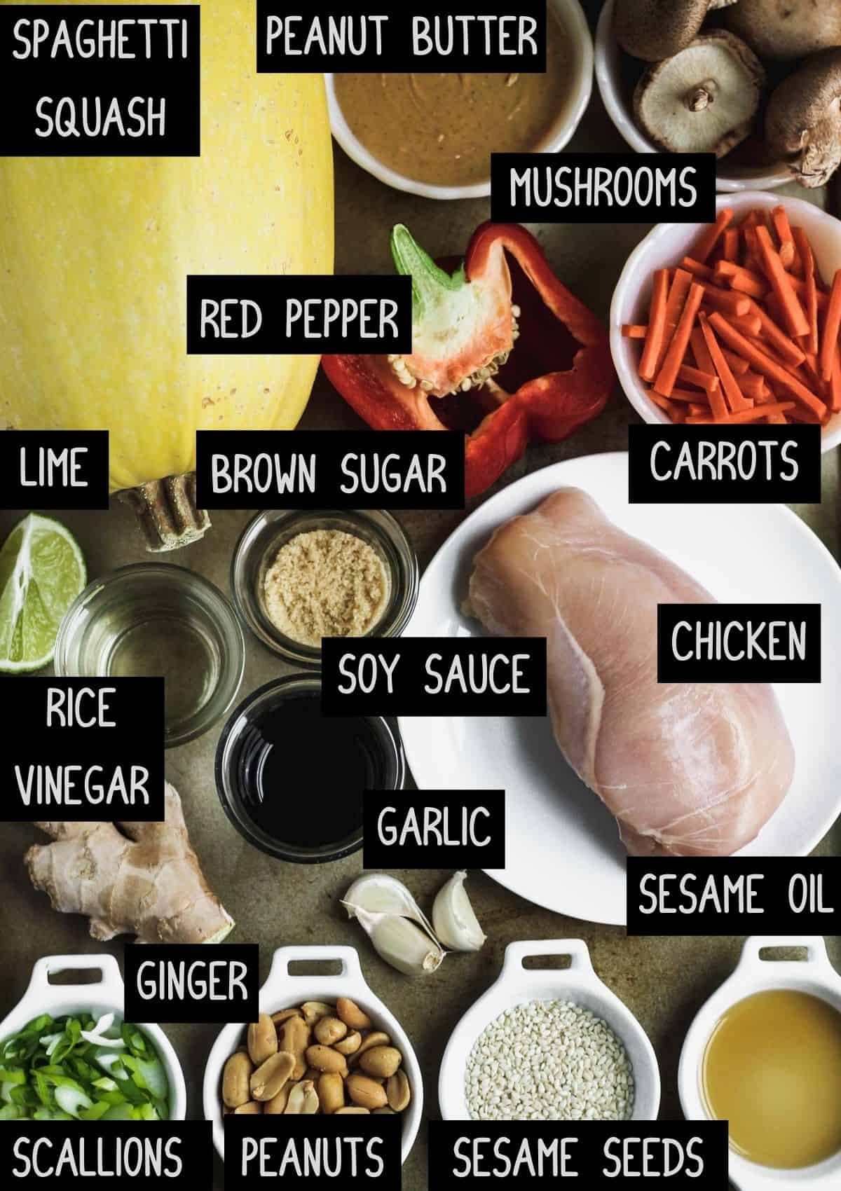 Labelled ingredients for creamy thai peanut spaghetti squash (see recipe for details).