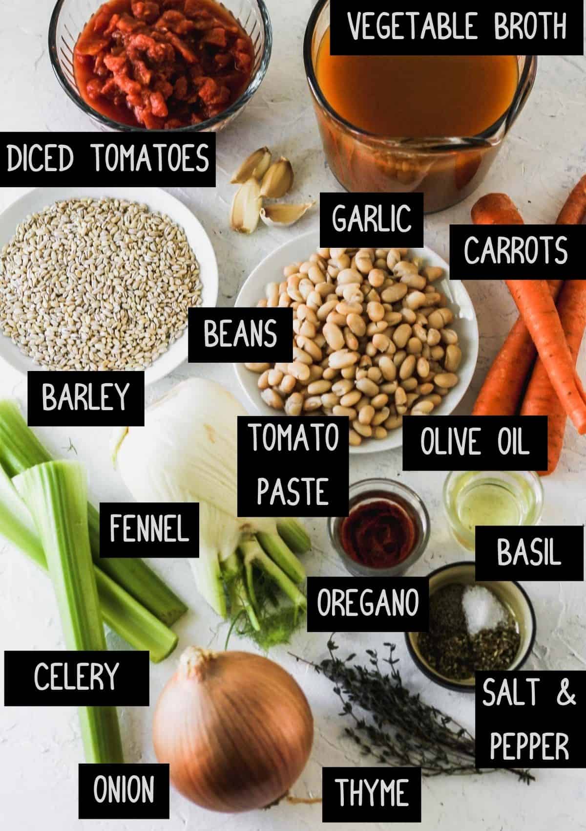 Labelled ingredients for vegetable, bean, and barley soup (see recipe for details).