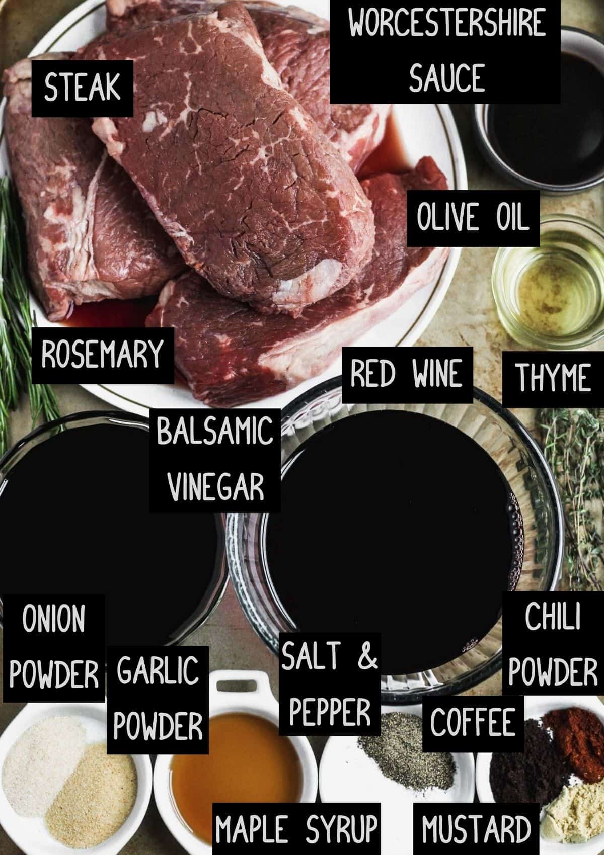 Labelled ingredients for the balsamic glazed steak marinade (see recipe for details).