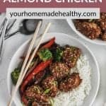 Pinterest pin for air fryer almond chicken in honey soy sauce.
