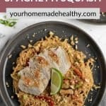 Pinterest pin for creamy thai peanut spaghetti squash with sesame chicken.