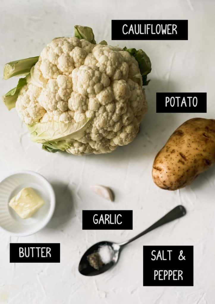 Labelled ingredients for healthy cauliflower mashed potatoes (see recipe for details).