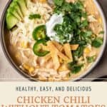 Pin graphic for chicken chili without tomatoes.