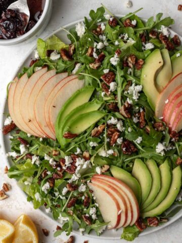 Arugula salad topped with sliced apples and avocado, maple toasted pecans, and feta with cranberry dressing on the side.