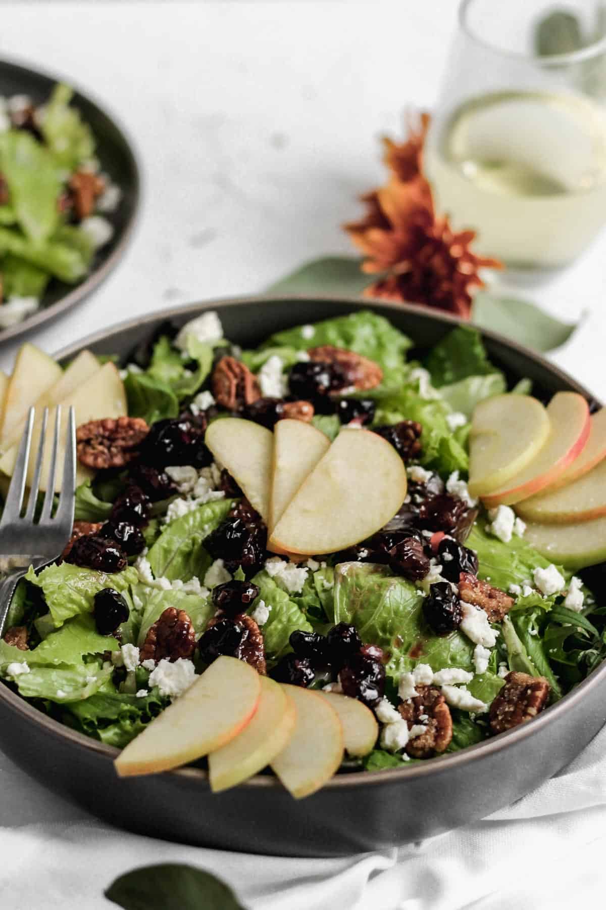 Apple cranberry salad in a black serving bowl with sliced apples on top and a glass of white wine to the side.