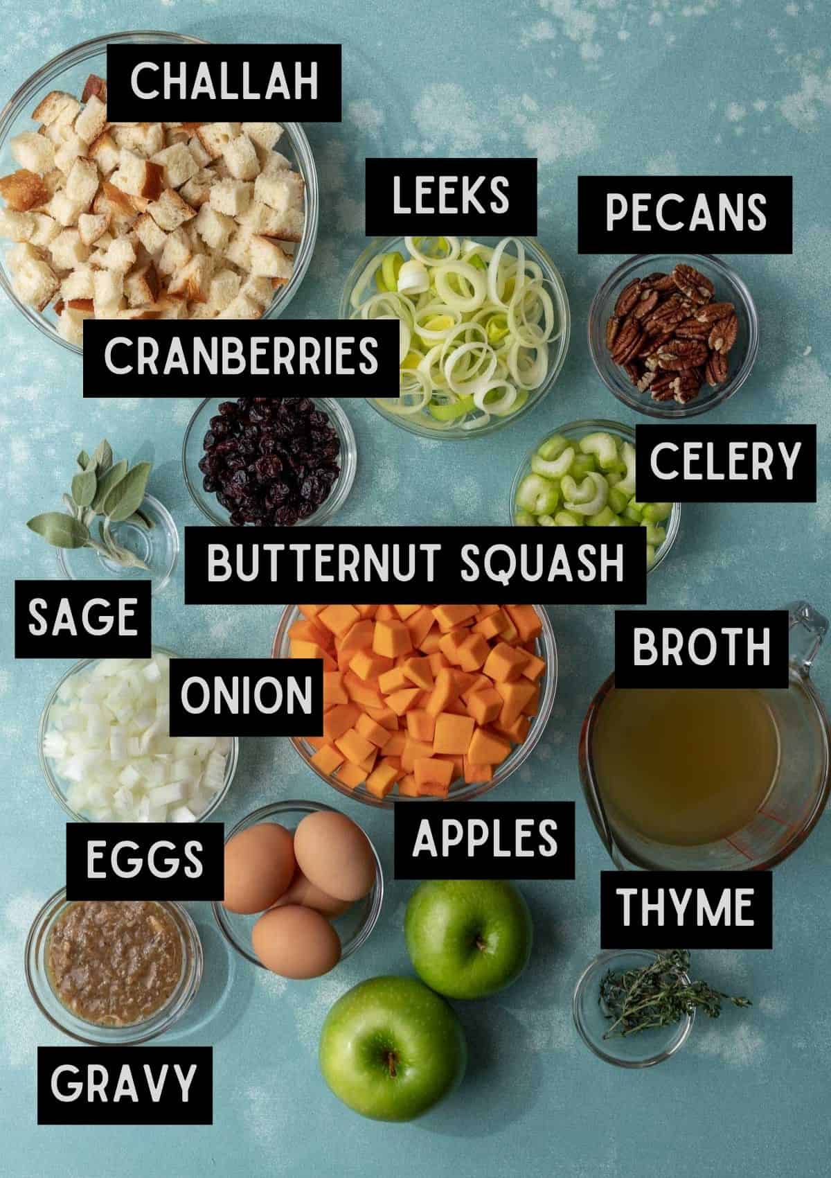 Labelled ingredients for butternut squash stuffing (see recipe for details).