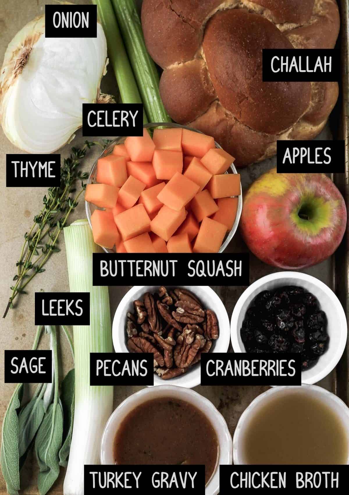 Labelled ingredients for butternut squash stuffing (see recipe for details).