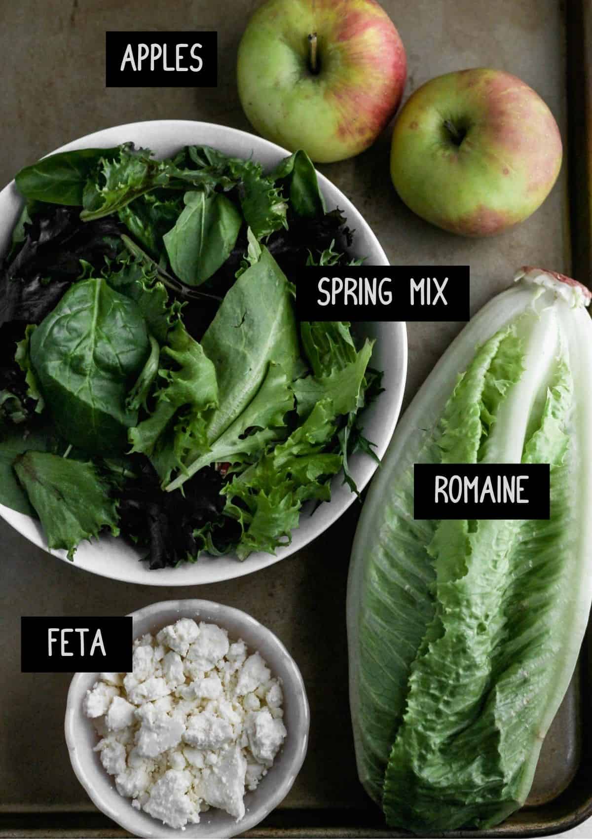 Labelled ingredients for the apple salad (see recipe for details).