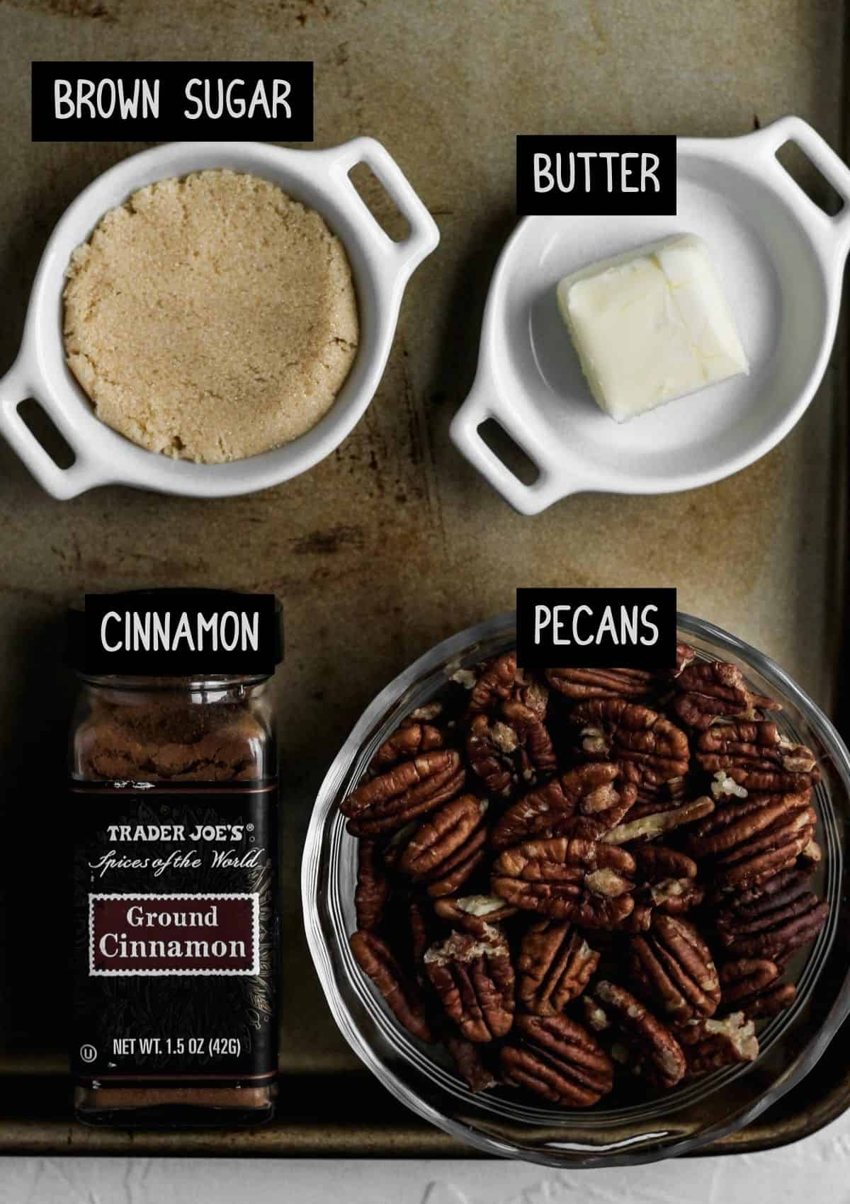 Labelled ingredients for the candied pecans (see recipe for details).