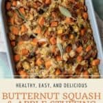 Pin graphic for baked butternut squash and apple stuffing.