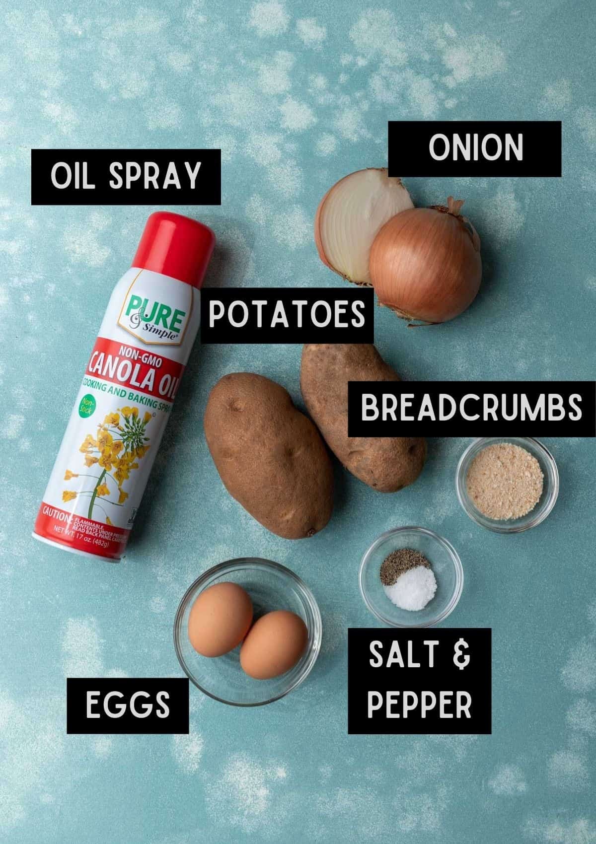 Labelled ingredients for air fryer latkes (see recipe for details).