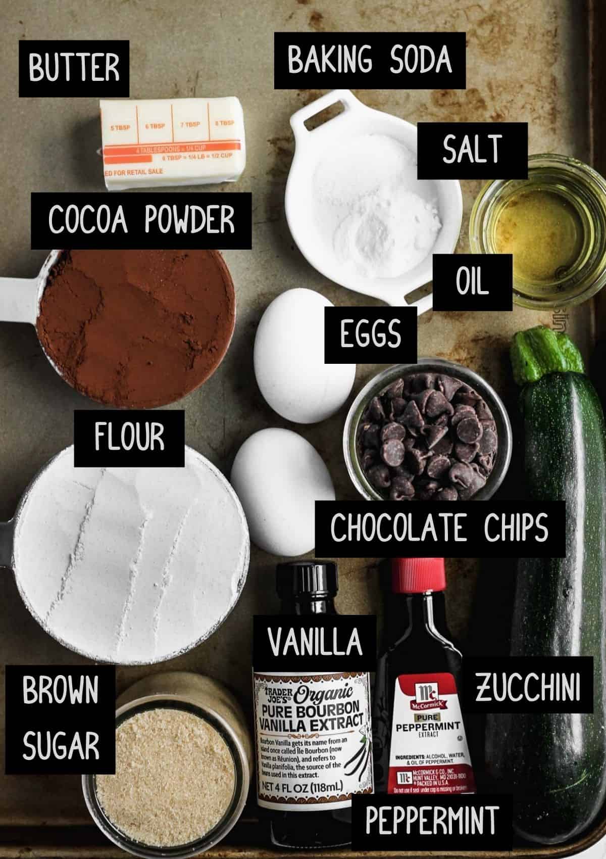 Labelled ingredients for peppermint death by chocolate zucchini bread (see recipe for details).