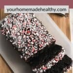 Pinterest image with text overlay for peppermint death by chocolate zucchini bread.